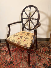 Load image into Gallery viewer, An Edwardian Sheraton Style Wheel Back Open Armchair With Amazing Carved Detail