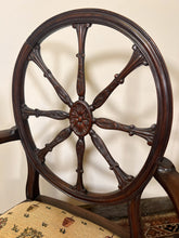 Load image into Gallery viewer, An Edwardian Sheraton Style Wheel Back Open Armchair With Amazing Carved Detail