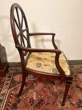 Load image into Gallery viewer, An Edwardian Sheraton Style Wheel Back Open Armchair With Amazing Carved Detail