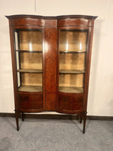 Load image into Gallery viewer, A Quality Antique Edwardian Flame Mahogany Inlaid Display Cabinet With Original Curved Glass