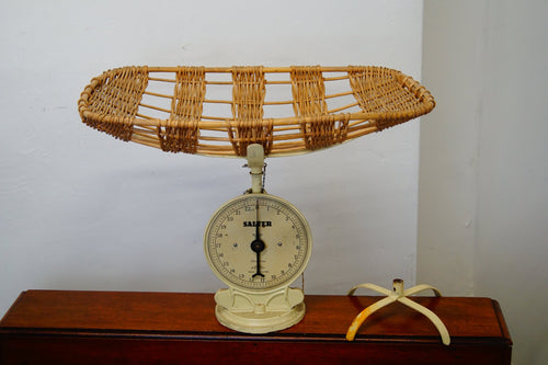 Set of vintage Salter baby scales in cream with original wicker basket