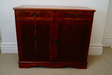 Load image into Gallery viewer, A golden Yew console table with two drawers at the top and a cupboard below