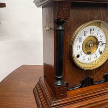 Load image into Gallery viewer, A Fattorini and Sons of Bradford antique oak alarm mantel clock in lovely original condition