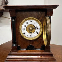 Load image into Gallery viewer, A Fattorini and Sons of Bradford antique oak alarm mantel clock in lovely original condition