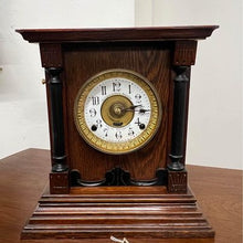 Load image into Gallery viewer, A Fattorini and Sons of Bradford antique oak alarm mantel clock in lovely original condition