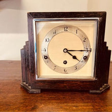 Load image into Gallery viewer, A very decorative Art Deco mantel clock in an ebonised stepped case c1930