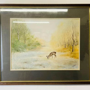 A lovely original drawing of a deer in the forest by wildlife artist Robert Fletcher