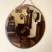 Load image into Gallery viewer, A large circular bevelled edged mirror with its original hanging chain circa 1930