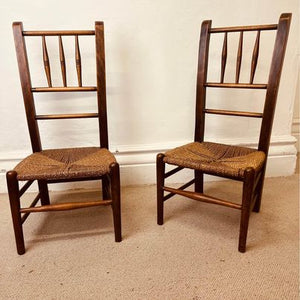 A matching pair of tiny Arts and Crafts Cotswold Primary School Clissett Style Chairs