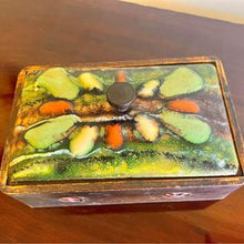 Load image into Gallery viewer, Arts And Crafts vintage box with an enamelled  copper lid and circular panels to the body