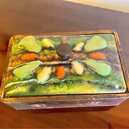 Arts And Crafts vintage box with an enamelled  copper lid and circular panels to the body