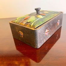 Load image into Gallery viewer, Arts And Crafts vintage box with an enamelled  copper lid and circular panels to the body