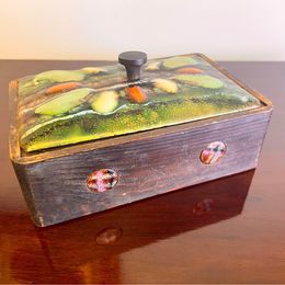 Arts And Crafts vintage box with an enamelled  copper lid and circular panels to the body