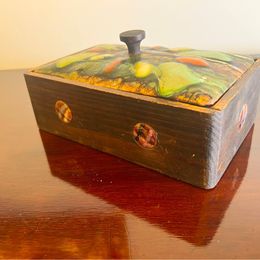 Arts And Crafts vintage box with an enamelled  copper lid and circular panels to the body