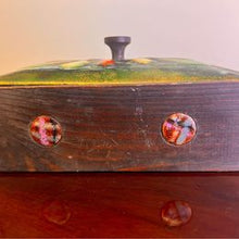 Load image into Gallery viewer, Arts And Crafts vintage box with an enamelled  copper lid and circular panels to the body