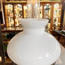 Load image into Gallery viewer, Victorian desk kerosene lamp with white glass shade and original chimney and carrying handle