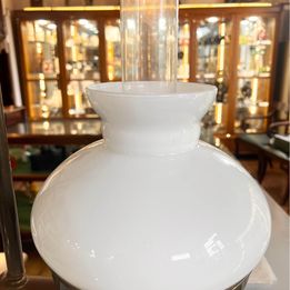 Victorian desk kerosene lamp with white glass shade and original chimney and carrying handle