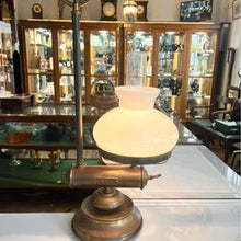 Load image into Gallery viewer, Victorian desk kerosene lamp with white glass shade and original chimney and carrying handle