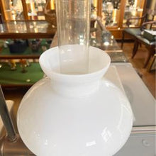 Load image into Gallery viewer, Victorian desk kerosene lamp with white glass shade and original chimney and carrying handle