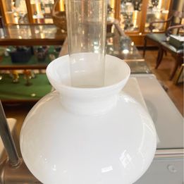 Victorian desk kerosene lamp with white glass shade and original chimney and carrying handle