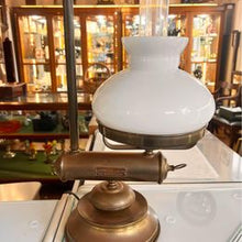 Load image into Gallery viewer, Victorian desk kerosene lamp with white glass shade and original chimney and carrying handle