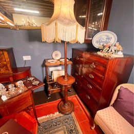 A wonderful mahogany standard reading light with a shelf for your book and Gin & Tonic