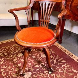 Early 20th Century Oak Rail Back Leather Revolving Desk Chair