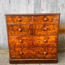 Load image into Gallery viewer, An antique Victorian walnut chest of drawers, faced with burr walnut fronts