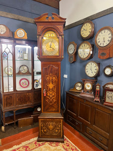 Magnificent Antique eight Day Mahogany Inlaid Marquetry Long Case Grand Father Musical Clock