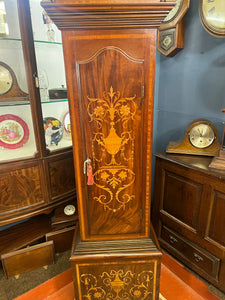 Magnificent Antique eight Day Mahogany Inlaid Marquetry Long Case Grand Father Musical Clock