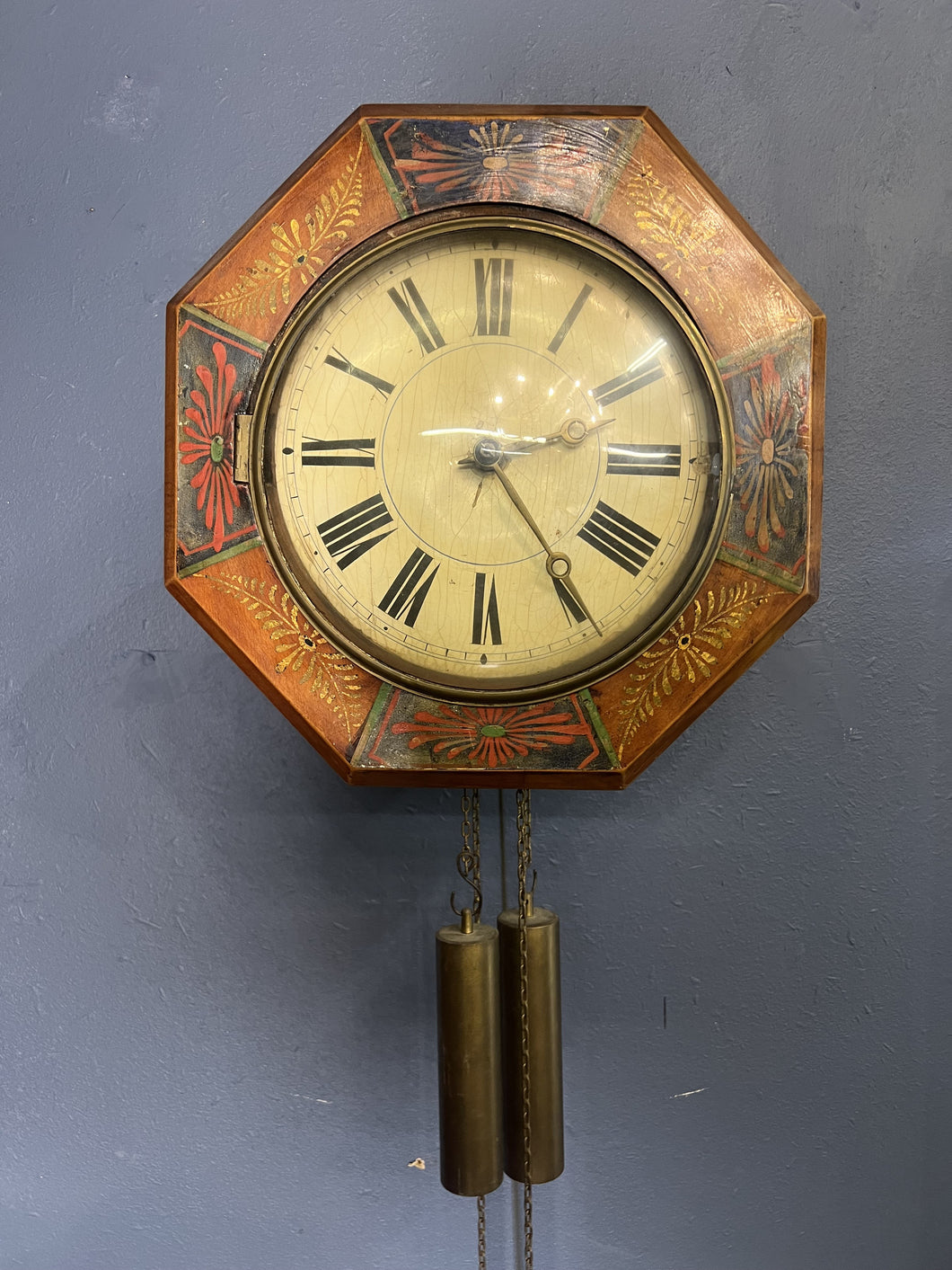 A fabulous German 19th century “Postman’s” weight driven wall clock striking the hours on a gong