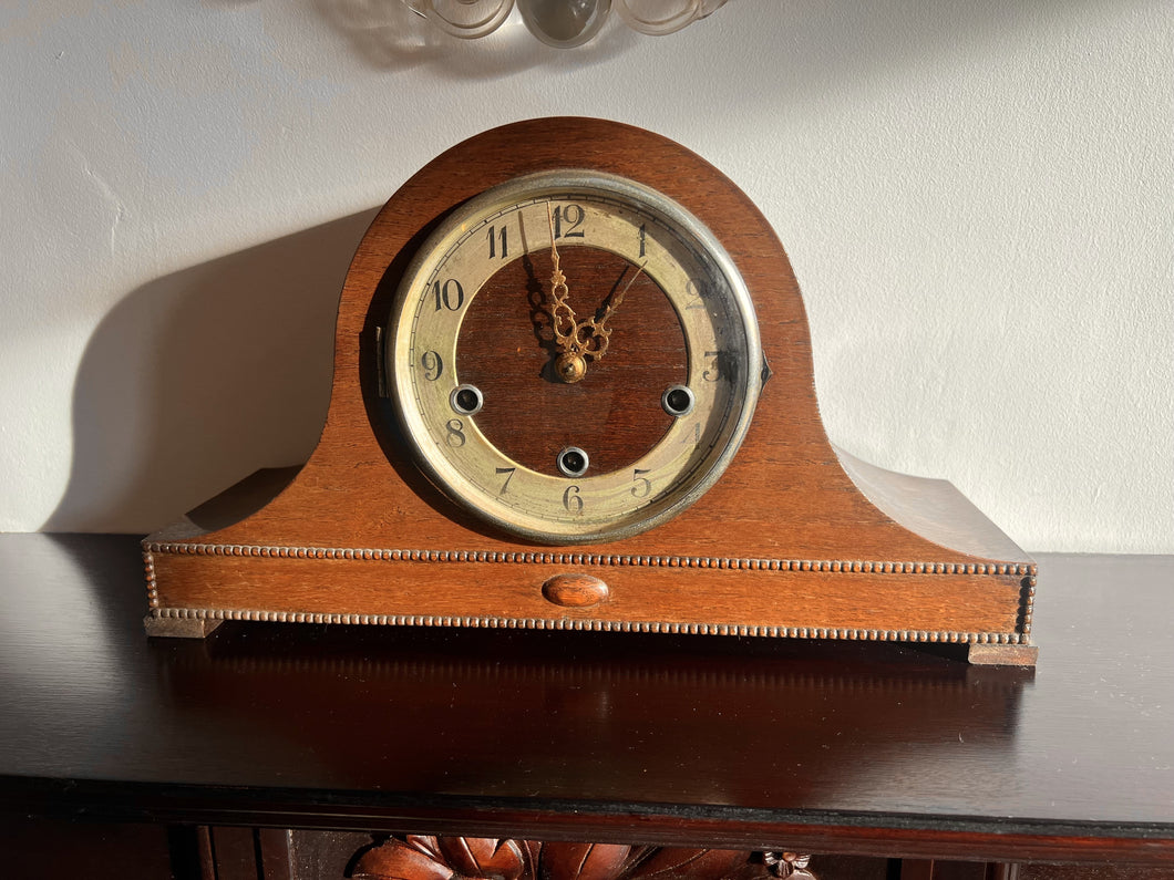 A Vintage Oak Cased Napoleon Hat Mantle Clock With Lovely Detail