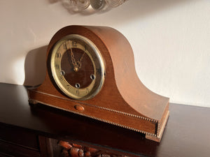 A Vintage Oak Cased Napoleon Hat Mantle Clock With Lovely Detail