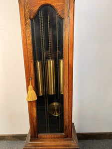 Gorgeous English Oak Antique Grandfather Clock With A Panel Reading ‘Tempus Fugit’