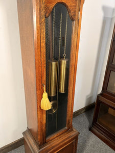 Gorgeous English Oak Antique Grandfather Clock With A Panel Reading ‘Tempus Fugit’