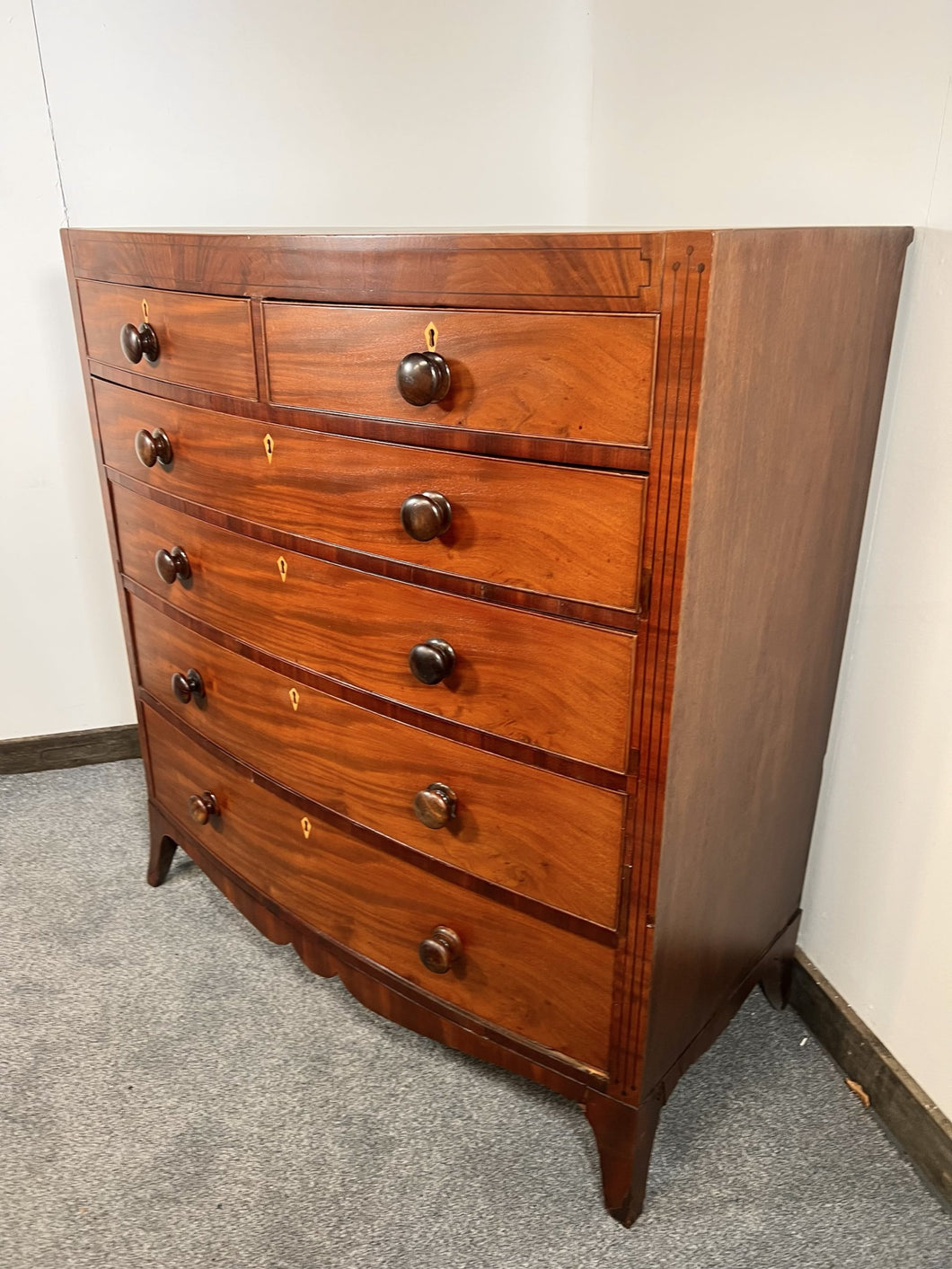 A Victorian Antique Bow Front Chest Of Drawers With Stunning Inlay Work