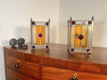 Load image into Gallery viewer, A Lovely Pair Of Leaded Glass Hanging Lights Within Unpolished Brass frames