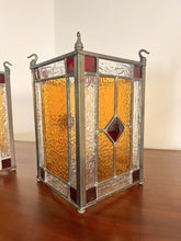 Load image into Gallery viewer, A Lovely Pair Of Leaded Glass Hanging Lights Within Unpolished Brass frames