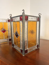 Load image into Gallery viewer, A Lovely Pair Of Leaded Glass Hanging Lights Within Unpolished Brass frames