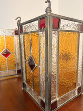 Load image into Gallery viewer, A Lovely Pair Of Leaded Glass Hanging Lights Within Unpolished Brass frames