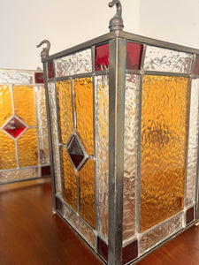 A Lovely Pair Of Leaded Glass Hanging Lights Within Unpolished Brass frames