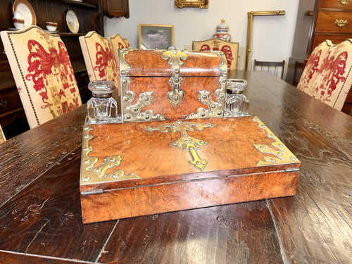 A Fabulous English burr walnut Inkwell Desk Letterbox In Lovely Original Condition