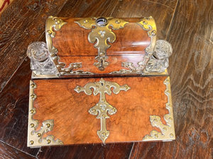 A Fabulous English burr walnut Inkwell Desk Letterbox In Lovely Original Condition