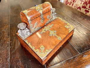 A Fabulous English burr walnut Inkwell Desk Letterbox In Lovely Original Condition
