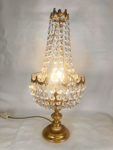 A Large Empire Style Table Lamp Made Of Chiselled Brass Covered With Octagonal Glass Chains