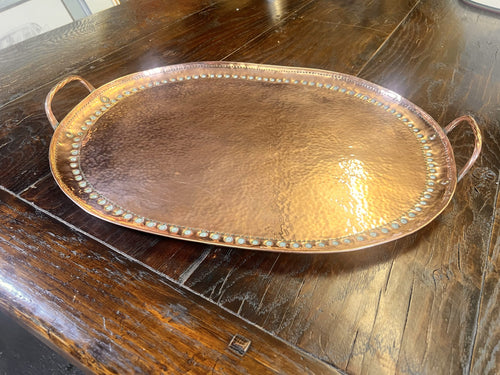 Very Attractive Large Antique Arts And Crafts Solid Hammered Copper Gallery Serving Tray
