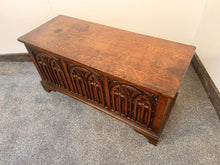Load image into Gallery viewer, A Georgian Style Oak Coffer Featuring Deeply Carved Gothic Arcading And Panelled Front