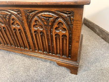 Load image into Gallery viewer, A Georgian Style Oak Coffer Featuring Deeply Carved Gothic Arcading And Panelled Front