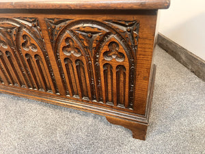 A Georgian Style Oak Coffer Featuring Deeply Carved Gothic Arcading And Panelled Front