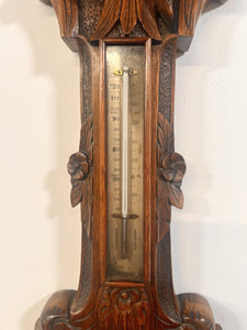 A Huge Edwardian Carved Oak Aneroid Barometer And Thermometer